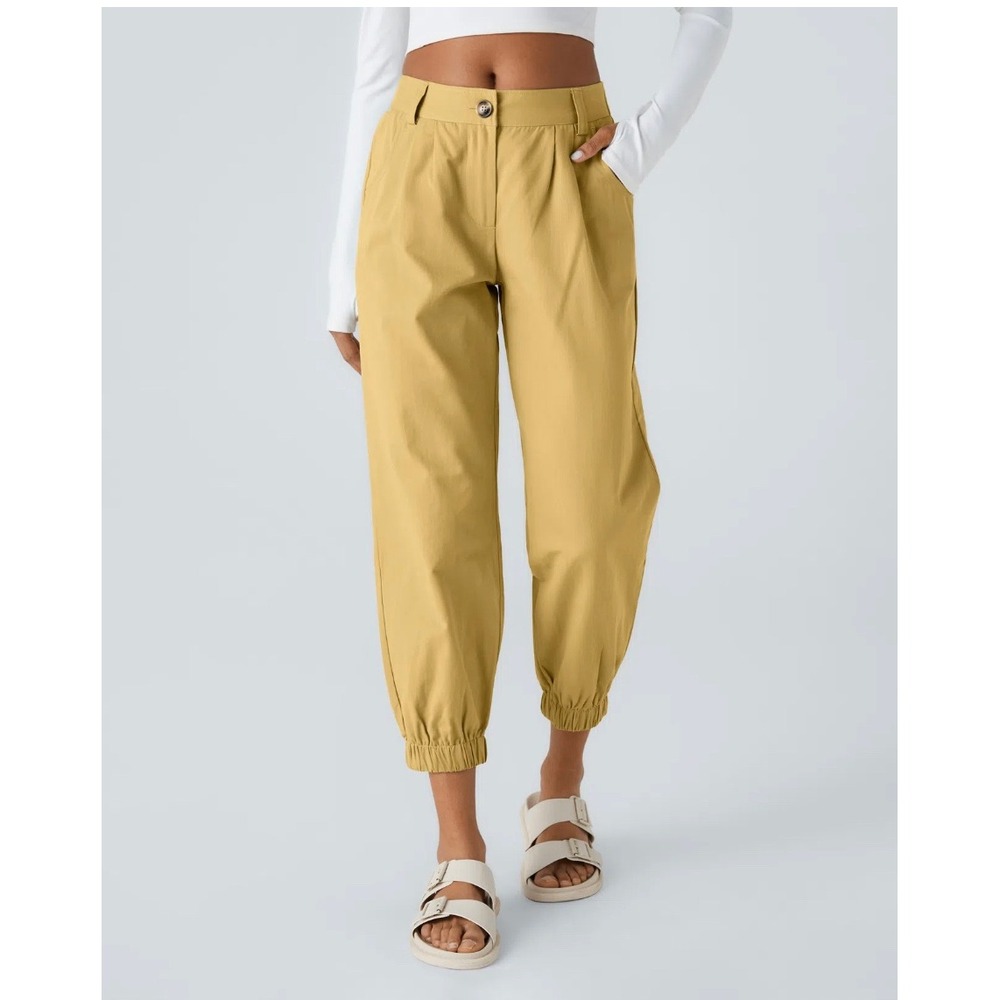 Halara Mustard Yellow Cotton Twill High Waisted Pleated Jogger Pants Medium NWOT